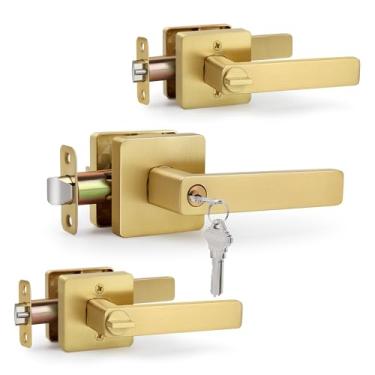 Imagem de LOQRON Alavanca de porta de entrada com chave quadrada, maçaneta de porta resistente dourada escovada com chave para porta de entrada, pacote com 3 maçanetas reversíveis com chave não igual para porta