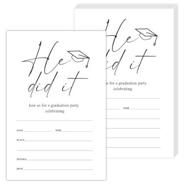 Imagem de Convites de formatura He Did It com envelopes para celebração ou anúncio de pós-graduação do ensino médio, 20 conjuntos de convites em branco para festa de graduação, suprimentos de festa de formatura