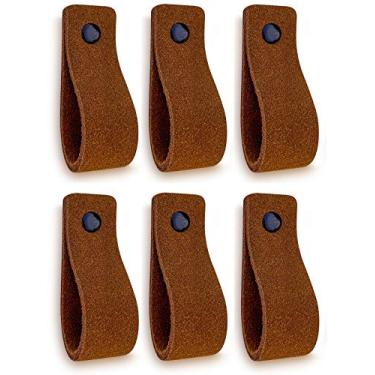 Imagem de Brute Strength - Alças de Couro para Móveis - Camurça - Conhaque - 6 Peças - 16,5 x 2,5 cm - Puxador de Gaveta de Couro - Industrial, Minimalista - Marrom