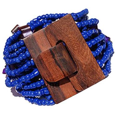 Imagem de Pulseira azul royal com contas de bali com fecho de fivela de madeira dura - 14 fios elásticos feitos à mão - Caixa de presente de 5 cm de largura com contas de vidro de 2 mm e conchas de esfregão, 8