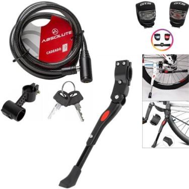 Imagem de Descanso Pezinho Lateral + Cadeado Trava Bicicleta + Par De Sinalizado