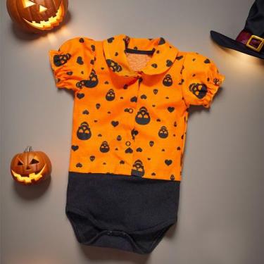 Imagem de Body Camisa Manga Curta Halloween Caveirinha Laranja Menina - Era Uma 