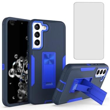 Imagem de Vokuha Capa para Galaxy S22, capa para Samsung S22 5G SM-S901U com protetor de tela de vidro temperado, capa protetora híbrida com suporte magnético integrado para Samsung Galaxy S22 5G azul marinho