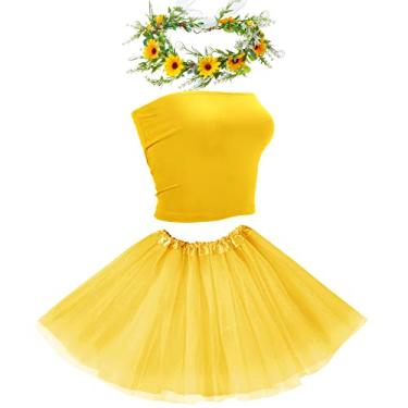 Imagem de Sunflower Costume Set, Include Women's Sleeveless Crop Top, Adult 3 Layered Tulle Tutu Skirt, Sunflower Headband, Fake Sunflower Prop for Sunflower Party Favor Summer Party Cosplay Party Supplies