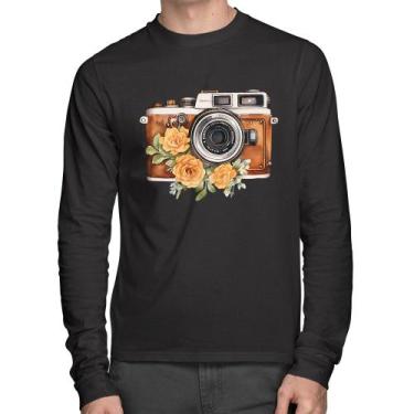 Imagem de Camiseta Algodão Máquina Fotográfica Vintage e Flores Manga Longa - Fo