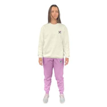 Imagem de Conjunto de Moletom Feminino Blusa Sem Capuz e Calça Jogger Estampado 