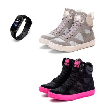 Imagem de Kit 2 Tênis Sneaker Fitness Feminino Botinha Academia + Relógio - Bawm