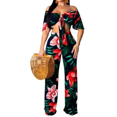 Imagem de Conjunto de praia elegante de duas peças para mulheres, sexy, manga curta, blusa reta, calça longa, azul, floral, férias, saída de banho (pequena), Azul marinho/floral, P