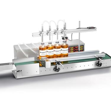 Imagem de Moonshan Máquina envasadora automática de líquidos com 4 bocais, 10 a 850 ml, correia transportadora de 89 cm, desktop para suco e vinho