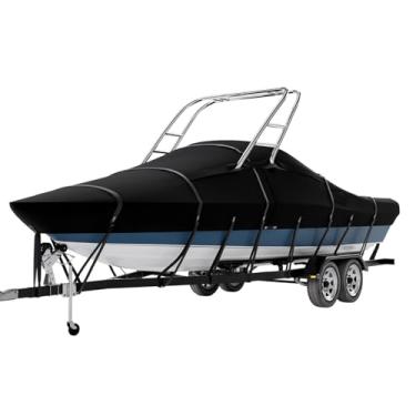 Imagem de Tuszom True 900D 100% impermeável Ski & Wakeboard Tower, V-Hull Runabouts Outboard e I/O Boat Cover Capa de barco à prova de rasgos Trailerable tamanho completo com bolsa de armazenamento (preto, 51