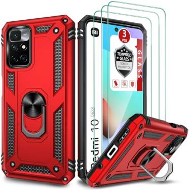 Imagem de Capa para Redmi 10 2021, capa para Redmi 10 Prime, capa para Redmi 10 2022 de 6,5 polegadas, com 3 peças de protetor de tela de vidro temperado, suporte de anel embutido, à prova de choque, armadura