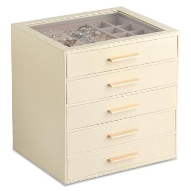 Imagem de Frebeauty Caixa de joias com tampa transparente, organizador de joias de 5 camadas com gaveta, organizadores e armazenamento de joias de couro PU, armazenamento de joias para anéis, brinco, presente
