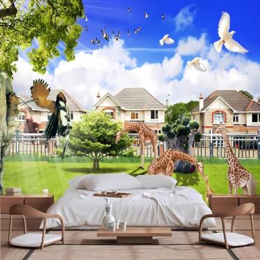Imagem de Lcythiazole Papel de parede de girafa de tamanho personalizável, murais de animais, girafa pica-pau pombo sob a árvore grande papel de parede HD para sala de estar, quarto, quarto de crianças