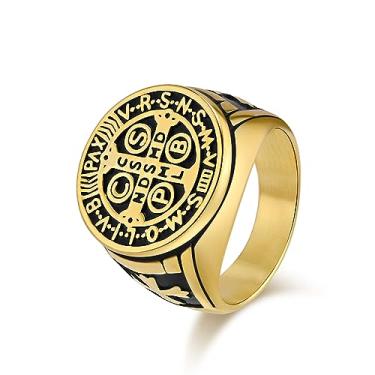 Imagem de FUTPLOR Anel de exorcismo de São Bento, anel católico de aço de titânio para homens, medalha de São Bento, cruz romana, católica, joias de proteção, anéis de sinete de amuleto religioso, tamanho
