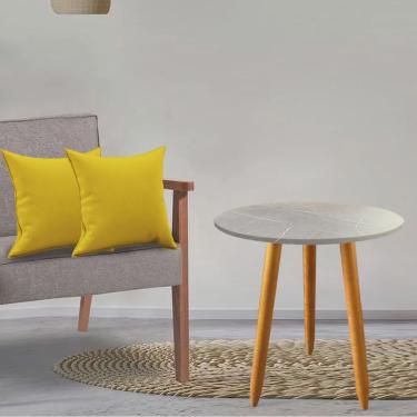 Imagem de Kit Mesa Lateral Madrid Pé Palito Marmorizado Cinza e 2 Capas de Almofada Suede Amarelo - Ahazzo Móveis