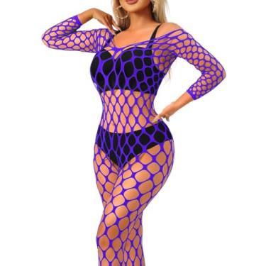 Imagem de ChiaoLezhee Body arrastão exótico, roupas Rave Glow, tamanho único, roupa de dança de malha transparente, macacão sexy plus wear dançarina, Roxa, One Size