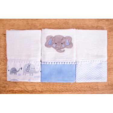 Imagem de Kit 3 Peças Fralda De Boca Para Bebê - Miguel Baby, Elefante Azul
