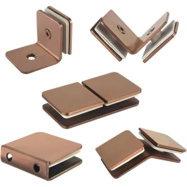 Imagem de Dobradiça articulada de aço inoxidável 304 ouro rosa clipe fixo de vidro para banheiro porta de vidro código fixo divisória de canto conjunto de dobradiças para banheiro com clipe de ligação