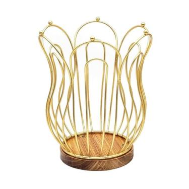 Imagem de Cesta multifuncional de armazenamento de cápsulas de café, grande capacidade com suporte de armazenamento de base de madeira, decoração de bancada de café (tipo B, dourado)