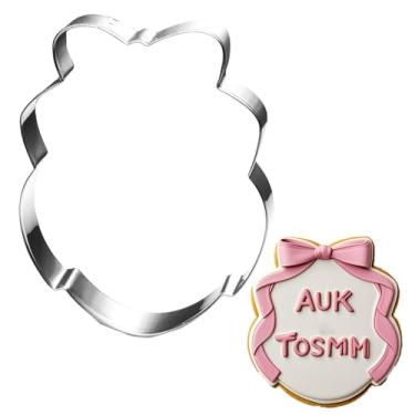 Imagem de Auktosmn Conjunto de cortador de biscoito oval com laço - 9,5 cm - pode ser lavado na lava-louças - Cortador de biscoito de placa de metal para assar - perfeito para chá de bebê, aniversário