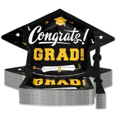 Imagem de Whaline 48 peças boné de graduação prato de papel parabéns chapéu de graduação prato descartável ouro preto jantar pratos de sobremesa para decoração de mesa, 27 x 17 cm