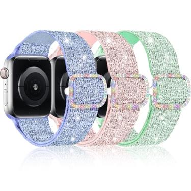 Imagem de Pacote com 3 pulseiras de relógio de nylon brilhante compatíveis com Apple Watch séries 10, 9, 8, 7, 6, 5, 4, 3, 2, 1, SE2, meninas e meninos de 38 mm, 40 mm, 41 mm, 42 mm, 44 mm, 45 mm, 46 mm, SE