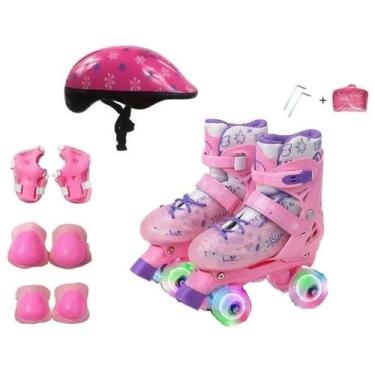 Imagem de Patins Quad Rosa Regulável 28-32 e 33-36 Com Rodas Em LED + Capacete +