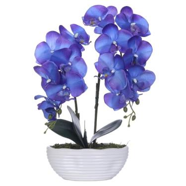 Imagem de YSZL Grande planta de orquídea artificial em vaso, arranjo de flores de seda com vaso de cerâmica, azul roxo
