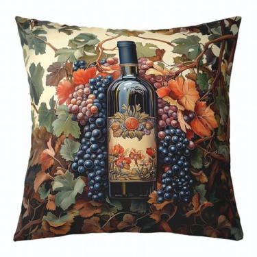 Imagem de Erosebridal Capa de almofada de vinho 45,7 x 45,7 cm, garrafas de uvas, banquete, crianças, meninas, capa de almofada para sofá, estampa romântica de folhas e frutas, capa de almofada decorativa com