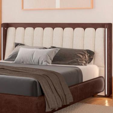 Imagem de Cabeceira Casal Com LED Yeon material sintético Marrom / Linho Off Whi