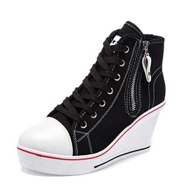 Imagem de Sapatos femininos de lona de salto alto modernos, sapatos casuais para caminhada, plataforma, sapatos de salto alto, 04 preto, 40