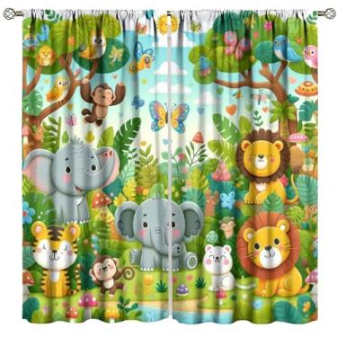 Imagem de FengMingRui Cortina com estampa floral de animais da selva, floresta, elefante, leão, borboleta, para crianças, meninos, meninas, berçário, quarto de bebê, sala de jogos, decoração de casa, cortinas