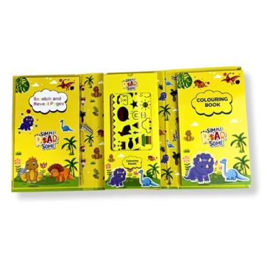 Imagem de Kit Criativo de Colorir 4 Temas Espaço, Dinossauros, Coelhinhos e Fundo do Mar com Lápis de Cor Régua de Desenho e Bloco Mágico Volta as Aulas Escolar Infantil (Amarelo Dinossauro)