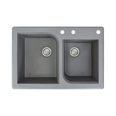 Imagem de Transolid Pia de cozinha dupla com 3 furos em granito raio RTDO3322-17-ABD, 85 x 55 x 22 cm, cinza