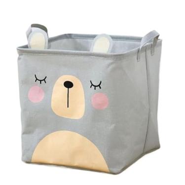 Imagem de Baú de Brinquedos Infantil Dobrável Quadrado – Organizador Multiuso com Estampa Animal, Porta Brinquedos para Quarto(urso cinza)