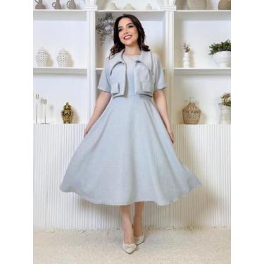 Imagem de Vestido Feminino de Linho com Casaco Manga Curta Elegante de Festa - F