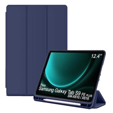 Imagem de Capa Tablet flip para Samsung Galaxy Tab S9 FE PLUS SM-X610 SM-X616 Smart pen 12.4 polegadas resistente aveludada compatimento caneta Case capinha Anti Impacto Suporte Pencil - Alamo (azul)