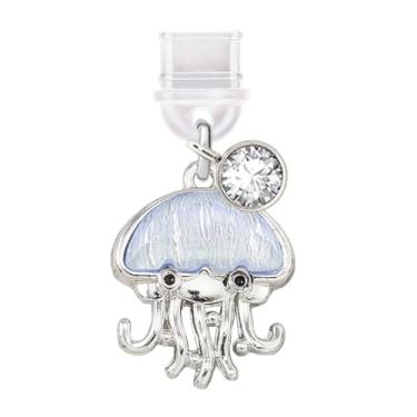 Imagem de ELISE & FONDA TP766 Tipo-C porta de carregamento antipoeira pequena água-viva cristal pingente de celular para iPhone 15/16/Samsung/OnePlus/Xiaomi/oppo telefones Android (azul)