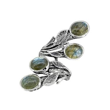 Imagem de YoTreasure Labradorita natural pedra da lua ônix verde sólido 925 prata esterlina anel inovador design de videira folha, Metal pedra preciosa, Labradorite