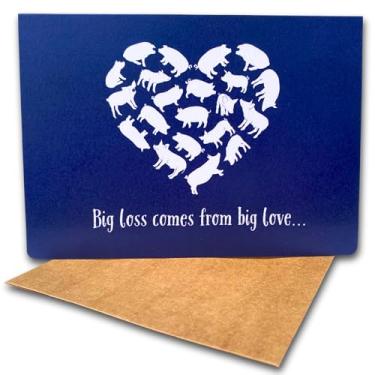 Imagem de Fava Bean Productions Cartão de simpatia da perda do porco com mensagem de condolências dentro, (1 cartão premium com envelope) design de coração azul marinho com silhuetas de porco branco - 155