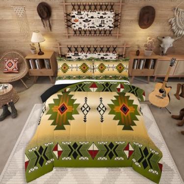 Imagem de Erosebridal Conjunto de edredom para meninos, asteca ocidental, nativo, tribal, étnico, fazenda, boêmio, geométrico, sudoeste, étnico americano, nativo, para adultos, amarelo, verde