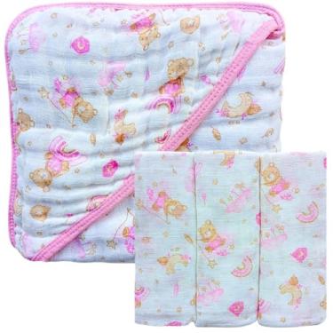 Imagem de Kit Toalha de Banho Bebê Soft com Capuz 100% Algodão + Fralda Estampada Dupla Camada Enxoval (Ursa Bear Rosa)