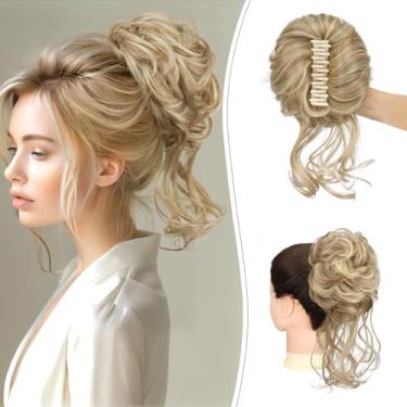 Imagem de SOFEIYAN Grampo de garra para coque bagunçado de cabelo cacheado ondulado clipe de coque em garra Chignon extensões de rabo de cavalo sintético penteado com gavinhas acessórios de cabelo elásticos