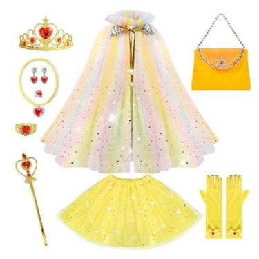 Imagem de FKKFYY Roupas de princesa para meninas, 12 peças, capa com coroa, fantasias para meninas de 3 a 8 anos, casamento, aniversário, Halloween, 12 peças, amarelo