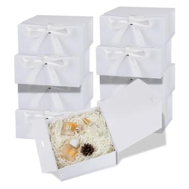 Imagem de OEMVALATY Pacote com 8 caixas de presente, caixa de presente de 24 x 15 x 7 cm com tampa magnética e fita, caixa de presente de dama de honra para casamento, armazenamento, presente (branca)