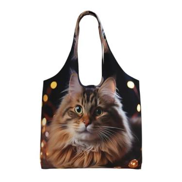 Imagem de GlbnSHeric Bolsa feminina reutilizável de compras de lona com borboleta azul cereja bolsa de ombro dobrável, Luzes de Natal penduradas para gatos, One Size