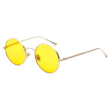 Imagem de Óculos de sol com proteção UV400 para homens e mulheres | Armação redonda de metal e lente vermelha | Para dirigir e esportes ao ar livre, dourado com amarelo