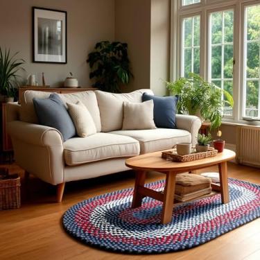 Imagem de Super Area Rugs Oval 1,2 m x 1,8 m azul - vermelho - tapete trançado oval marinho para casas de fazenda/estilo náutico, quartos e salas de estar