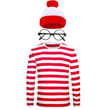 Imagem de CICEYET Conjunto de camiseta masculina feminina Waldo de Halloween listrada vermelha e branca de manga comprida, chapéu, festa, cosplay, fantasia, Conjunto masculino, XXG