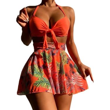 Imagem de Saia Swimwear 3 Peças Mulheres Praia Boho Halter Neck Floral Impresso Separa Biquíni Com Underwire Plunge, Orange, L